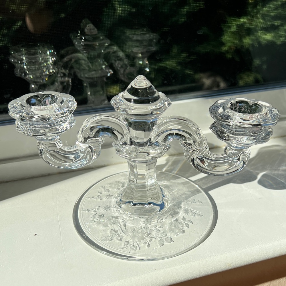 Vintage Fostoria Midnight Rose Etched Two Candlestick Candelabra Dome Center - Picture 11 of 16